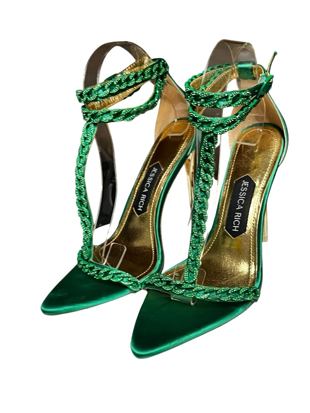 🌻NEW Jessica Rich Luxe Sandal Green Chain Link T Strap Stiletto US Size 7 $175